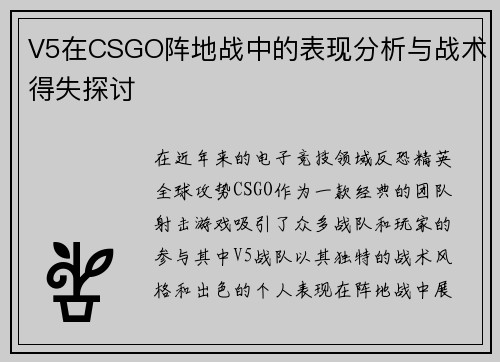 V5在CSGO阵地战中的表现分析与战术得失探讨